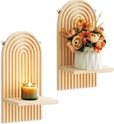 Set of 2 Boho Wall Candle Sconces – Rustic Wooden Wall-Mounted Candle Holders for Living room