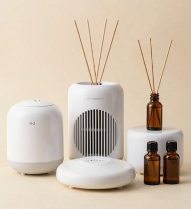 A serene display of amethyst, rose quartz, and citrine crystals on a natural wood surface with soft morning light