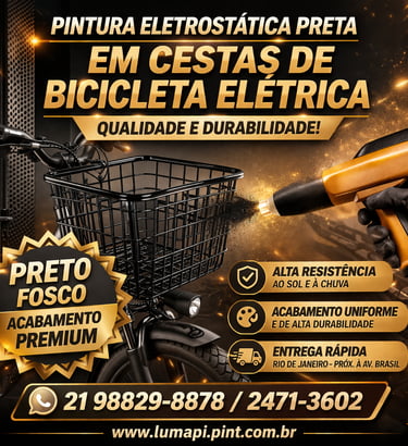Pintura eletrostática preta fosca em cesta de bicicleta elétrica com acabamento premium durabilidade.