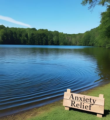 anxiety relief strategies, lake with sign: anxiety relief