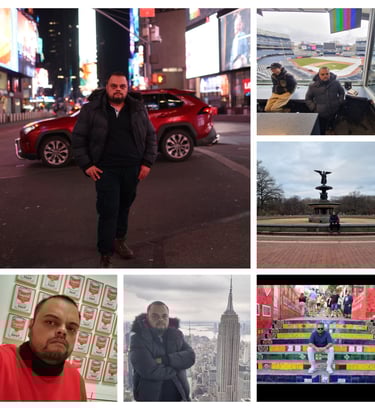 a man standing in front of a building with a red car
