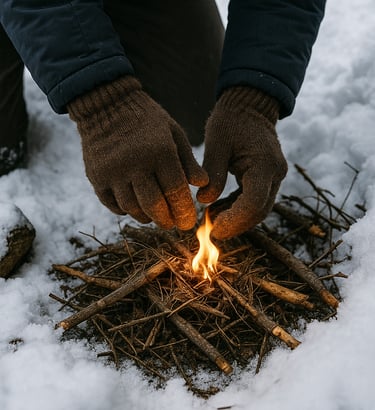 Camper building fire on snowy ground using kindling and gloves
