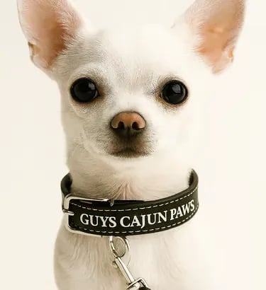 White AKC Chihuahua from Louisiana in branded collar—ready for adventure with Guys Cajun Paws