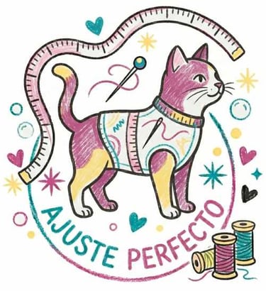 Ilustración de gato con cinta métrica y aguja con el texto Ajuste Perfecto
