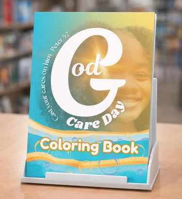 A God Cares Day coloring book for children featuring Bible verse Peter 5:7 on a bookstore shelf.