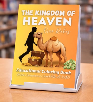The Kingdom of Heaven Over Riches educational coloring book featuring a camel, gold chest, and scriptures.