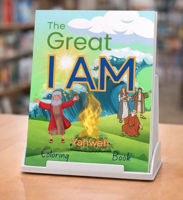 The Great I AM Yahweh coloring book featuring Moses and the burning bush illustration on a display stand.