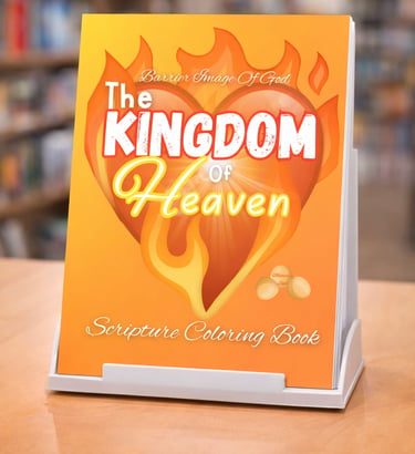 The Kingdom of Heaven scripture coloring book featuring a flaming heart design on a display stand.