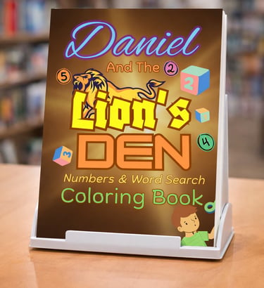 Daniel and the Lion's Den coloring book featuring number and word search activities for children.
