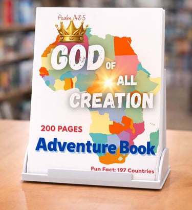 God of All Creation adventure book featuring a colorful map of Africa and a gold crown.