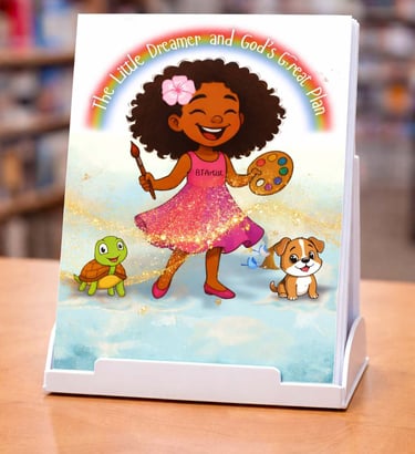 The Little Dreamer and God's Great Plan children's book featuring a young artist girl, a turtle, and a puppy.