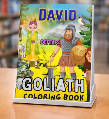 David Defeats Goliath Coloring Book on a display stand in a library setting.