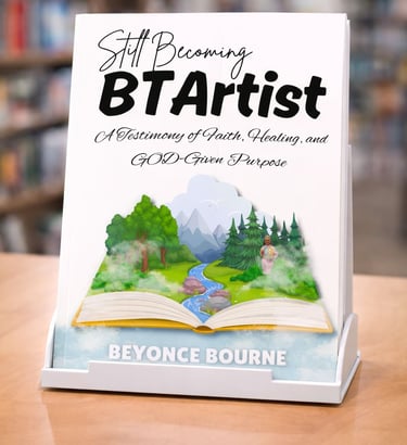 Still Becoming BTArtist book by Beyonce Bourne on a bookstore display stand.