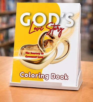 God's Love Story coloring book featuring gold wedding rings on a yellow cover displayed in a bookstore.