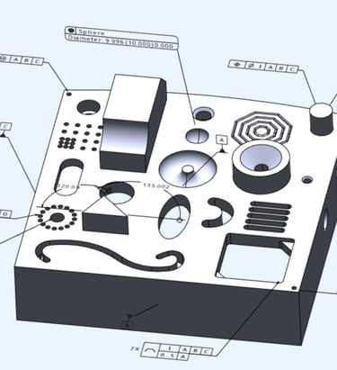 CAD image of component with fully defined inspection dimensions and feature control frames.