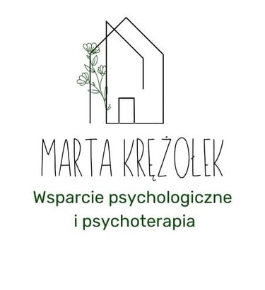 Logo pełne, małe - Marta Krężołek Wsparcie psychologiczne i psychoterapia. Logo zawiera wizerunek domu i kwiatu