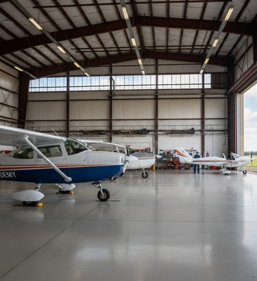 training airplane parked in hanger