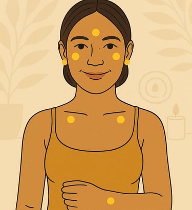 a woman with yellow dots for EFT tapping on her body