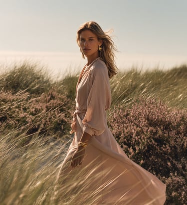 HeideSchmuck Model trägt elegante Silberohrringe und Schmuckstücke im Heidefeld bei Sonnenuntergang.