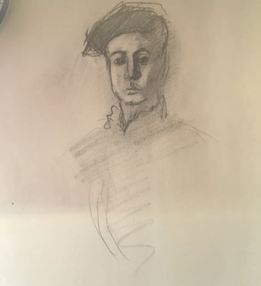Hand-drawn pencil sketch portrait of a man wearing a flat cap on paper