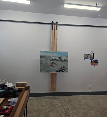 custom built rolling barn door track paint easel