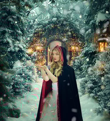 A blonde woman in a hooded velvet cloak holding a rabbit in a snowy, magical winter forest.