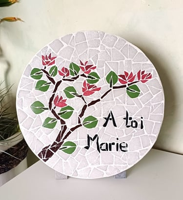 Plaque funéraire en mosaique arbre en fleurs personnalisé Sepulture49, MOSAISTE FUNERAIRE