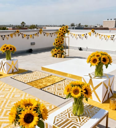 a sunflower arrangement on a rooftop deck