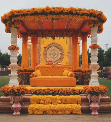 a decorated stage with a couch and flowers