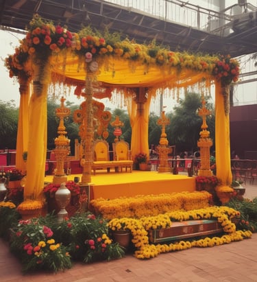 a decorated stage with a yellow canopy canopy
