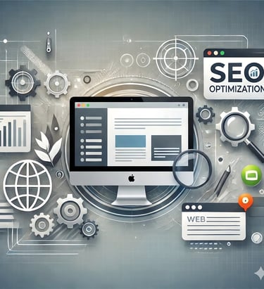 Concept d'optimisation SEO : ordinateur, outils d'analyse et label 'SEO OPTIMIZATION'.