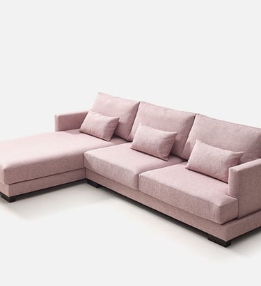 Sofá fijo rosa con chaise longue y diseño minimalista