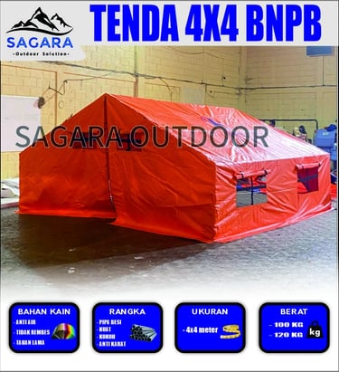 tenda bantuan ukuran 4x4m dari Badan Nasional Penanggulangan Bencana (BNPB)