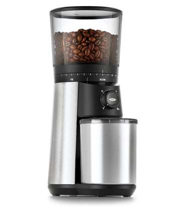 OXO Brew Conical Burr Coffee Grinder with integrated scale and stainless steel finish.