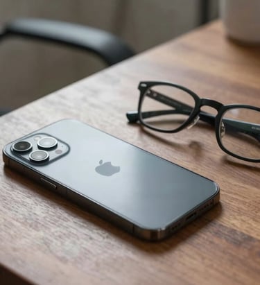A high-end smartphone and glasses on a sleek wooden desk in a Southeast Asian / Indonesian home office, soft lighting.