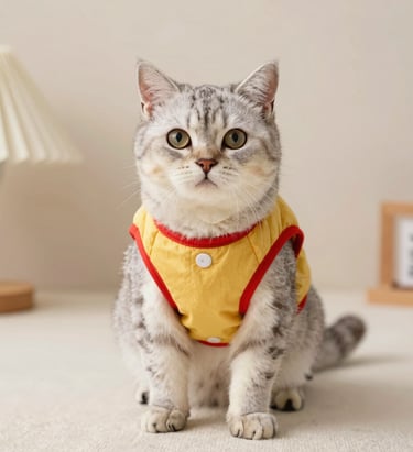 Un adorable gato atigrado plateado con chaleco acolchado amarillo para mascotas con ribete rojo