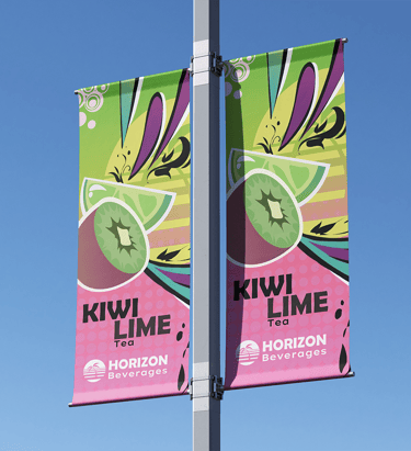 2 banners on a pole promoting Horizon Beverages kiwi lime tea