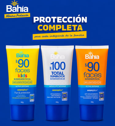 Tres tubos de protector solar Bahia con FPS 90 y FPS 100 para protección solar facial y total.