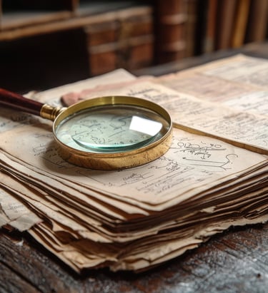 Historical documents and handwritten genealogy research notes examined with a magnifying glass