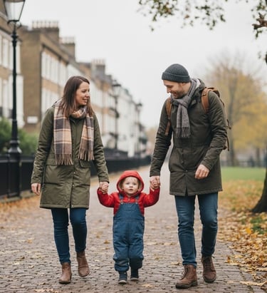 UK mother, father, and toddler walk together in autumn.
