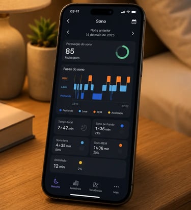 Smartphone displaying a sleep tracking app with deep, light, and REM sleep stage data on a bedside table.