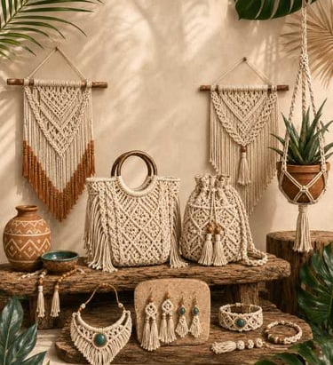 Accesorios de macramé boho hechos a mano que incluyen bolsos, joyas y tapices en estantes de madera 