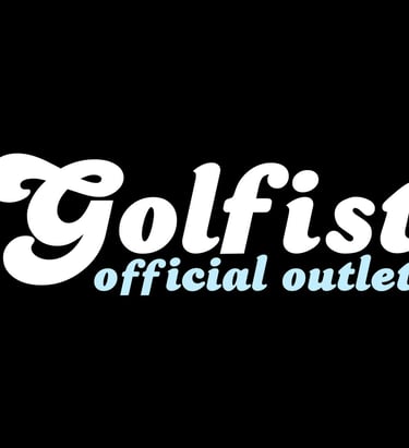 Golfist Official Outlet brand logo in white and light blue cursive font on a black background.