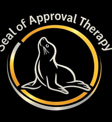 Logo for Seal of Approval Therapy featuring a line-art seal inside a gold and silver circle.