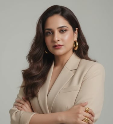Professional woman with wavy brown hair wearing a beige blazer and gold jewelry.