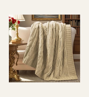 picture of beige Chunky Knit Chenille Throw Blanket over the side of a couch