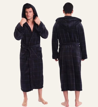 KEMUSI Hooded Herringbone Men's Soft Spa Full Length Bathrobe Grey Lines 