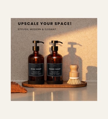 picture of an amber colored Glass Hand Soap Dispenser set of two on a counter