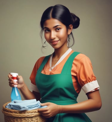 a woman in a green apron holding a basket with a bottle of cleaner