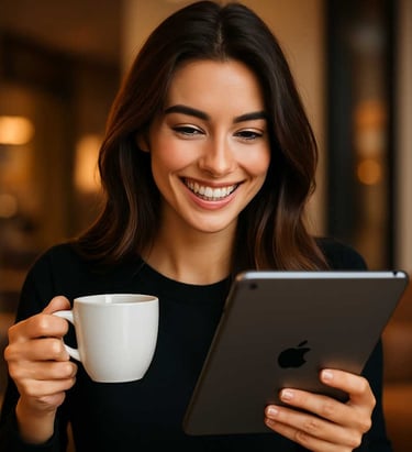 Brunette Woman Drinking Coffee and Using iPad Tablet